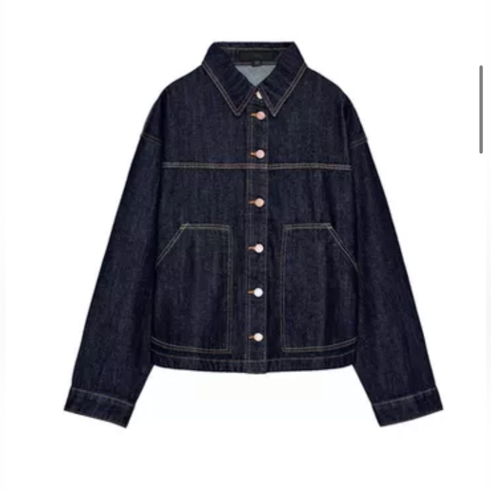 Zara TRF Oversized Denim Jacket Indigo Blue Button Up Utility Pockets Women S
